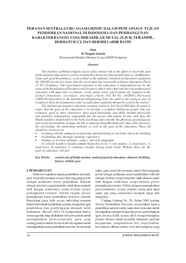 Pdf Peranan Sentral Guru Agama Hindu Dalam Pencapaian Tujuan Pendidikan Nasional Di Indonesia Dan Pembangunan Karakter Bangsa Yang Berakhlak Mulia Jujur Terampil Berhati Suci Dan Bersih Lahir Batin Jurnal Penjaminan Mutu