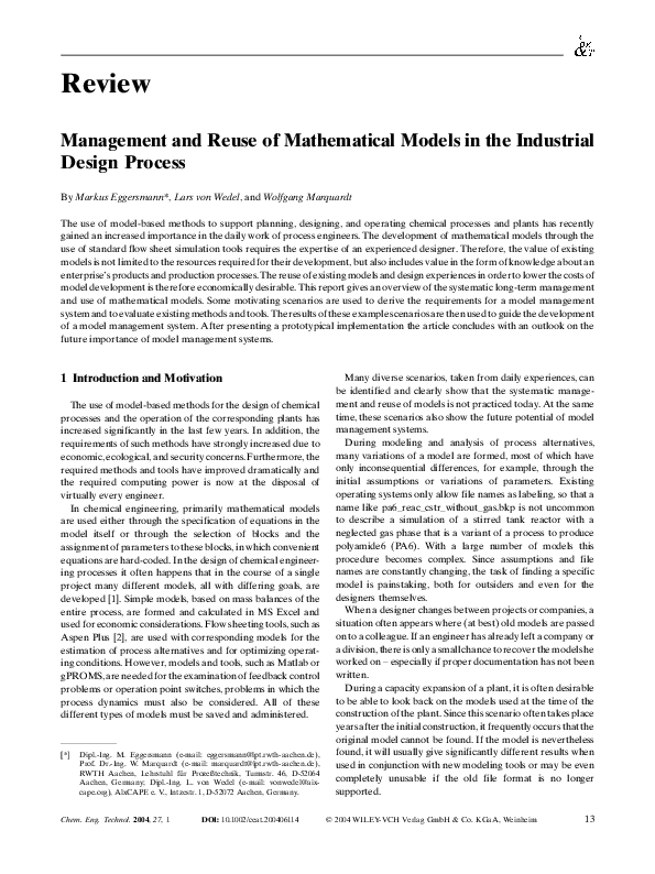 (PDF) Management and reuse of mathematical models in the industrial ...