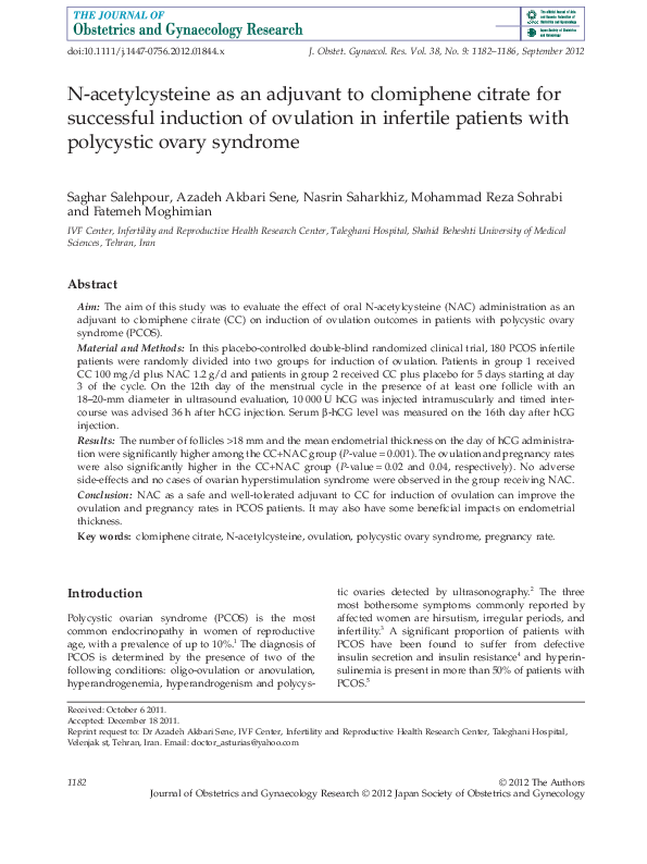 Pdf N Acetylcysteine As An Adjuvant To Clomiphene Citrate For