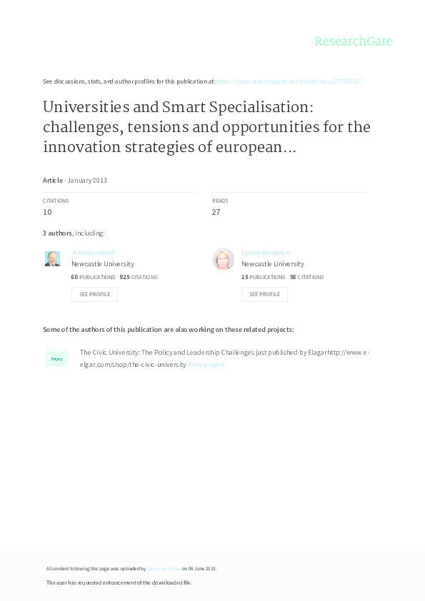 (PDF) Universities and Smart Specialisation: challenges, tensions and ...