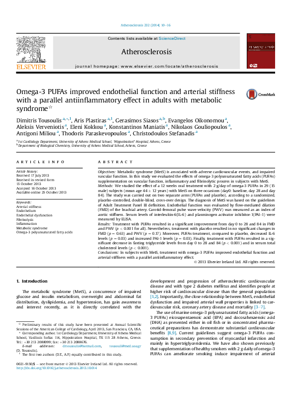 (PDF) Omega-3 PUFAs improved endothelial function and arterial ...