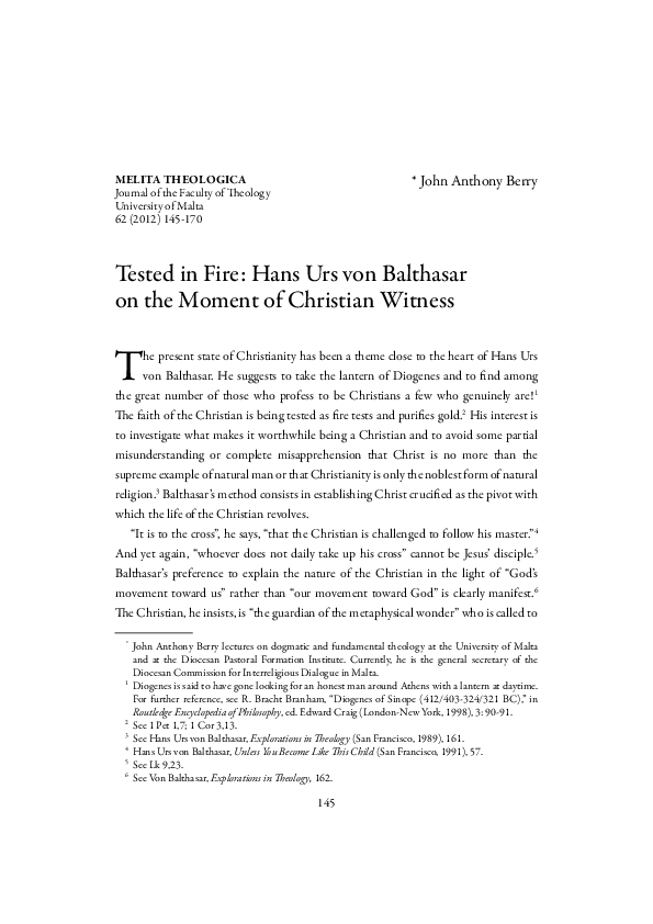 (PDF) Tested in Fire: Hans Urs von Balthasar on the Moment of Christian ...