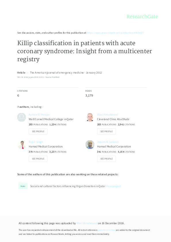 (PDF) Killip classification in patients with acute coronary syndrome ...