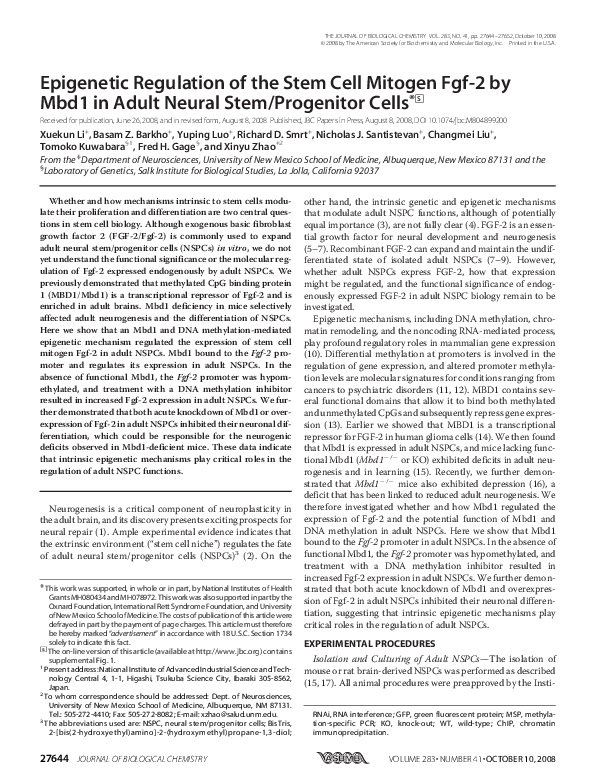 (PDF) Epigenetic regulation of the stem cell mitogen Fgf-2 by Mbd1 in ...