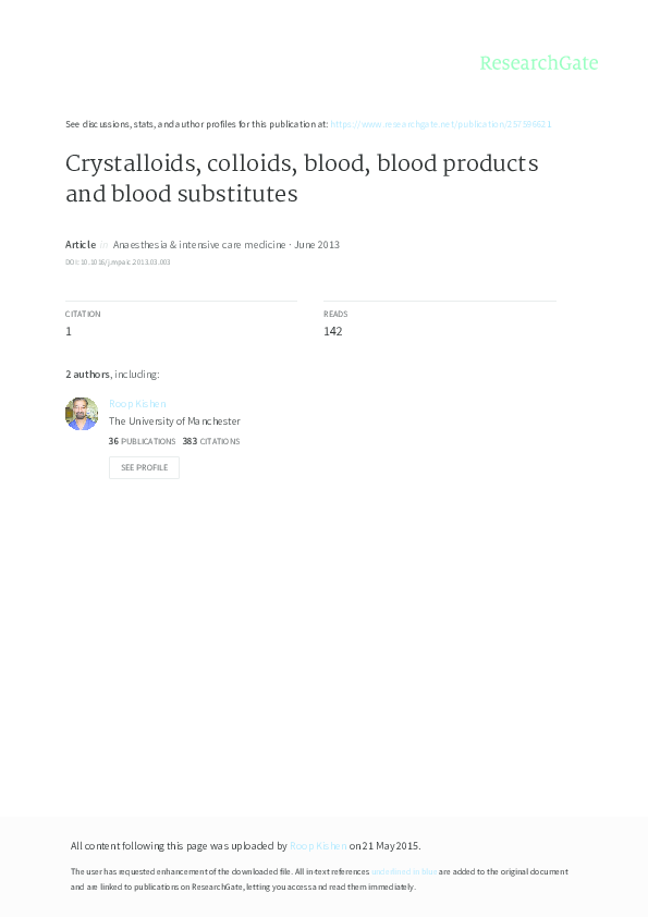 (PDF) Crystalloids, colloids, blood, blood products and blood substitutes Roop Kishen