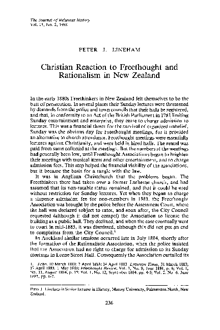 (PDF) Christian Reaction to Freethought and Rationalism in New Zealand