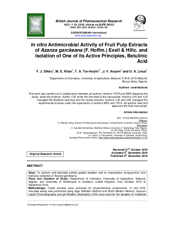 (PDF) In vitro Antimicrobial Activity of Fruit Pulp Extracts of Azanza ...