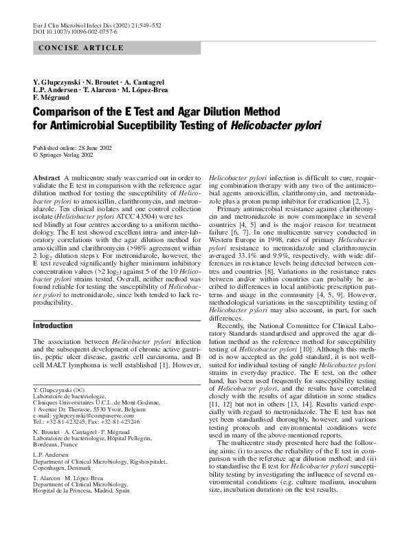(PDF) Comparison of the E Test and Agar Dilution Method for ...