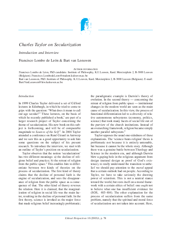 (PDF) Charles Taylor on Secularization: Introduction and Interview