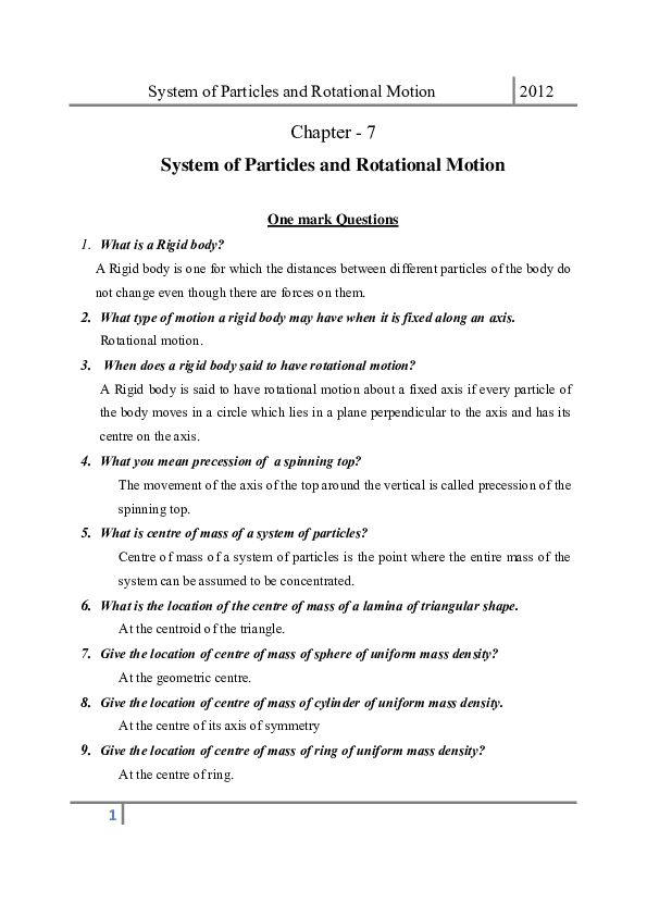 (PDF) Chapter -7 System of Particles and Rotational Motion One mark ...