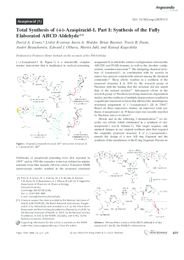 (PDF) Total Synthesis of (+)-Azaspiracid-1. Part I: Synthesis of the ...
