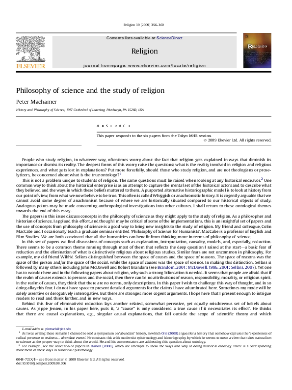 (PDF) Philosophy of science and the study of religion