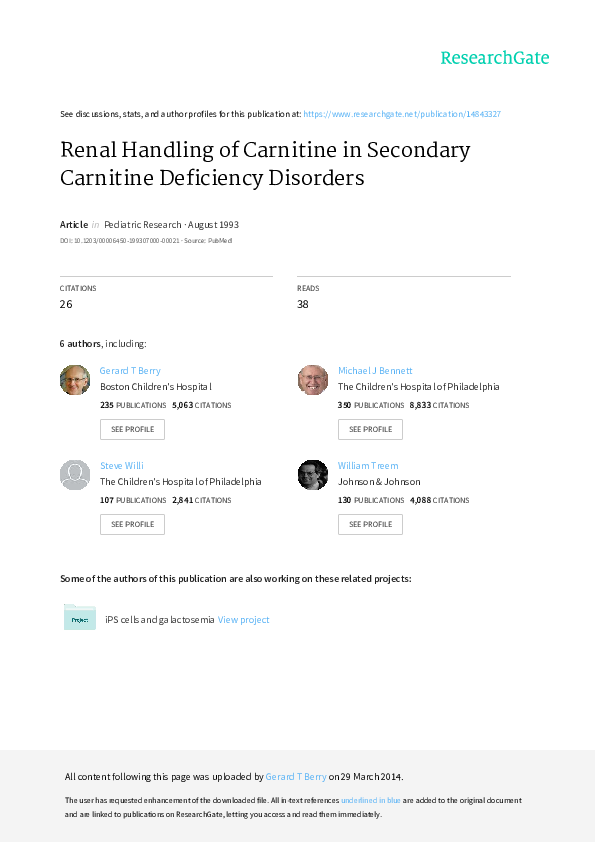 (PDF) Renal Handling of Carnitine in Secondary Carnitine Deficiency