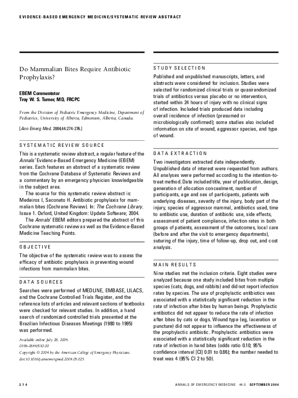 (PDF) Do mammalian bites require antibiotic prophylaxis? Troy Turner