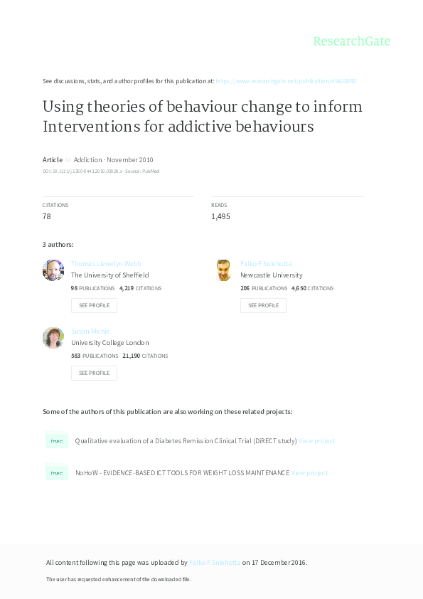 (PDF) Using theories of behaviour change to inform interventions for ...