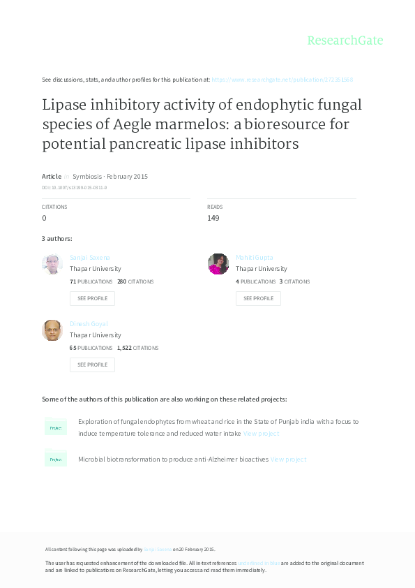 (PDF) Lipase inhibitory activity of endophytic fungal species of Aegle ...