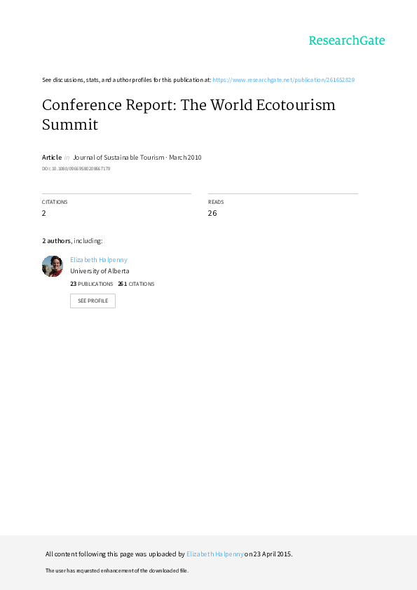 Pdf Conference Report The World Ecotourism Summit Elizabeth Halpenny Academia Edu