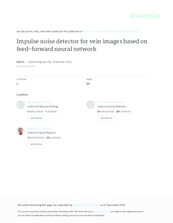 Pdf Impulse Noise Detector For Vein Images Based On Feed Forward