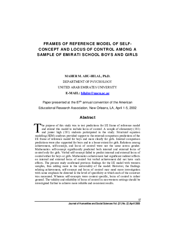 (PDF) FRAMES OF REFERENCE MODEL OF SELF- CONCEPT AND LOCUS OF CONTROL ...