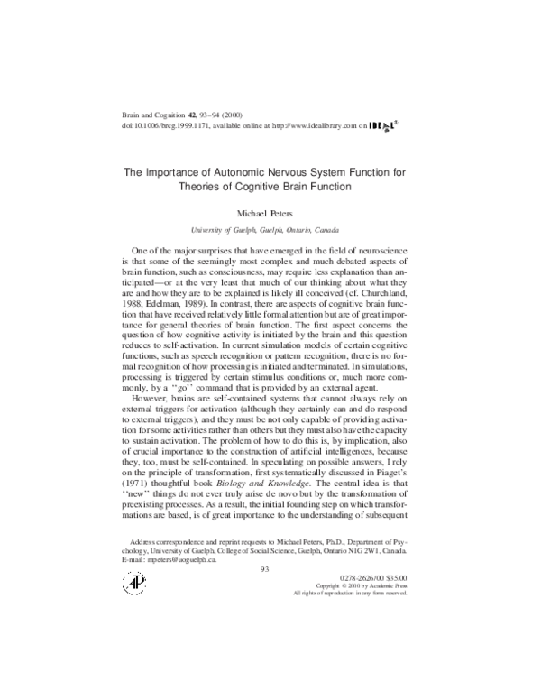 (PDF) The Importance of Autonomic Nervous System Function for Theories ...