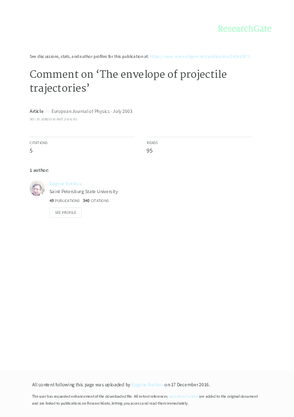 (PDF) Comment on The envelope of projectile trajectories