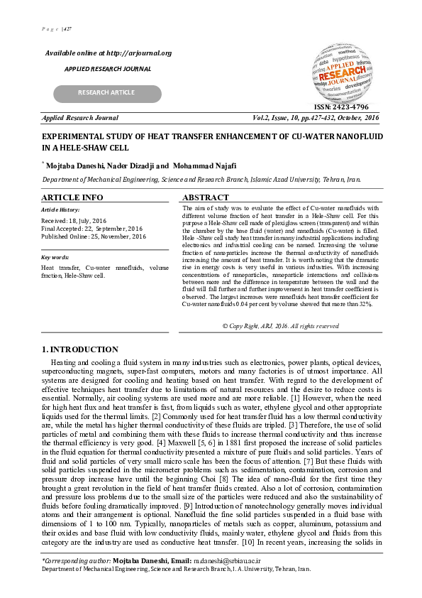 (PDF) Experimental Study Of Heat Transfer Enhancement Of Cu-Water ...