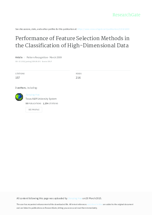 (PDF) Performance of feature-selection methods in the classification of ...