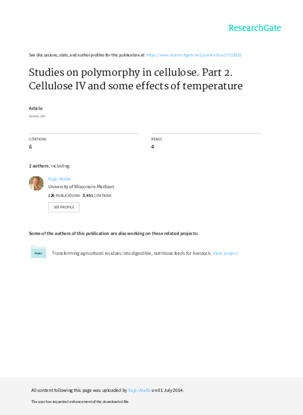 (PDF) Studies on polymorphy in cellulose. Part 2. Cellulose IV and some effects of temperature