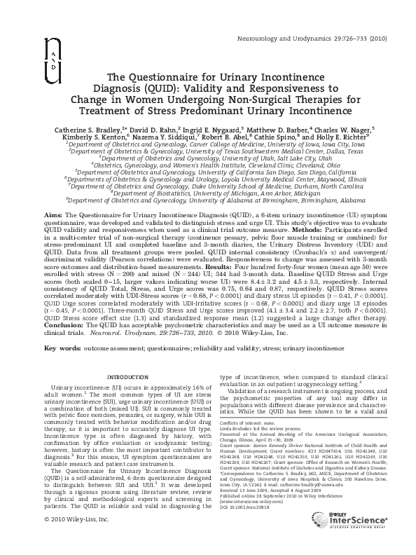 (PDF) The Questionnaire for Urinary Incontinence Diagnosis (Quid