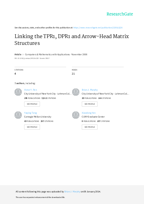 (PDF) Linking the TPR1, DPR1 and ArrowHead Matrix Structures Yuqing