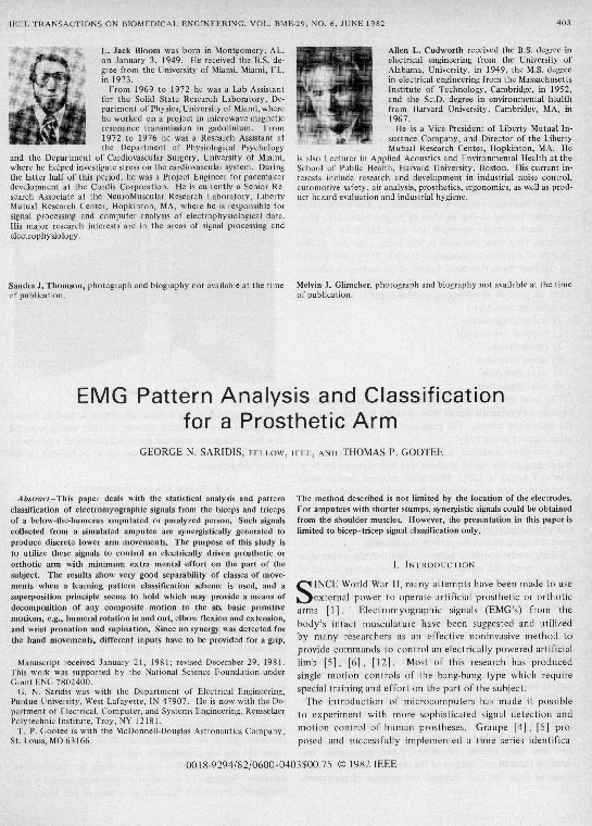 (PDF) EMG Pattern Analysis and Classification for a Prosthetic Arm