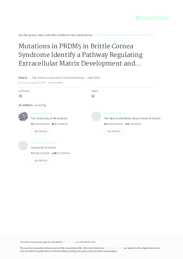(PDF) Mutations in PRDM5 in Brittle Cornea Syndrome Identify a Pathway Regulating Extracellular