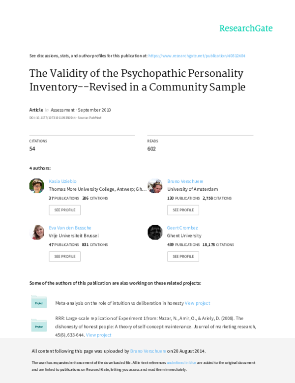 (PDF) The Validity of the Psychopathic Personality InventoryRevised