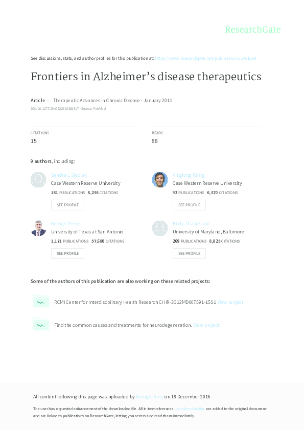 (PDF) Frontiers in Alzheimer's disease therapeutics