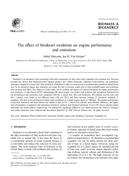 (PDF) The effect of biodiesel oxidation on engine performance and emissions