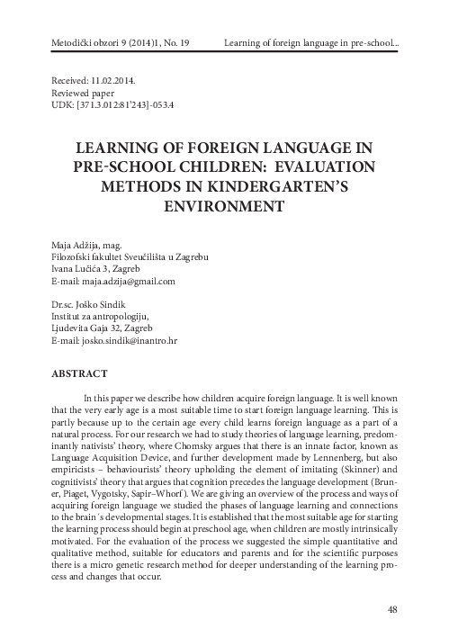 (PDF) LEARNING OF FOREIGN LANGUAGE IN PRE-SCHOOL CHILDREN: EVALUATION ...