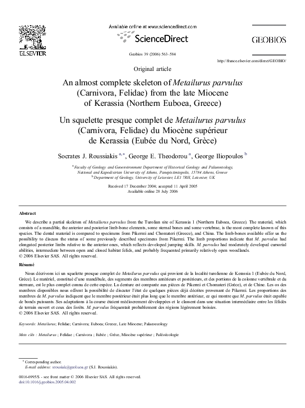 (PDF) An almost complete skeleton of Metailurus parvulus (Carnivora ...
