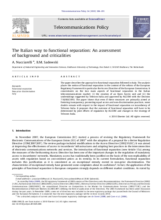 (PDF) The Italian way to functional separation: An assessment of ...