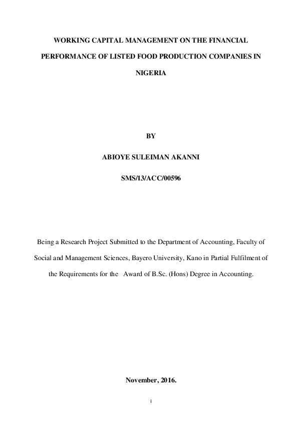 (PDF) WORKING CAPITAL MANAGEMENT ON THE FINANCIAL PERFORMANCE OF LISTED FOOD PRODUCTION
