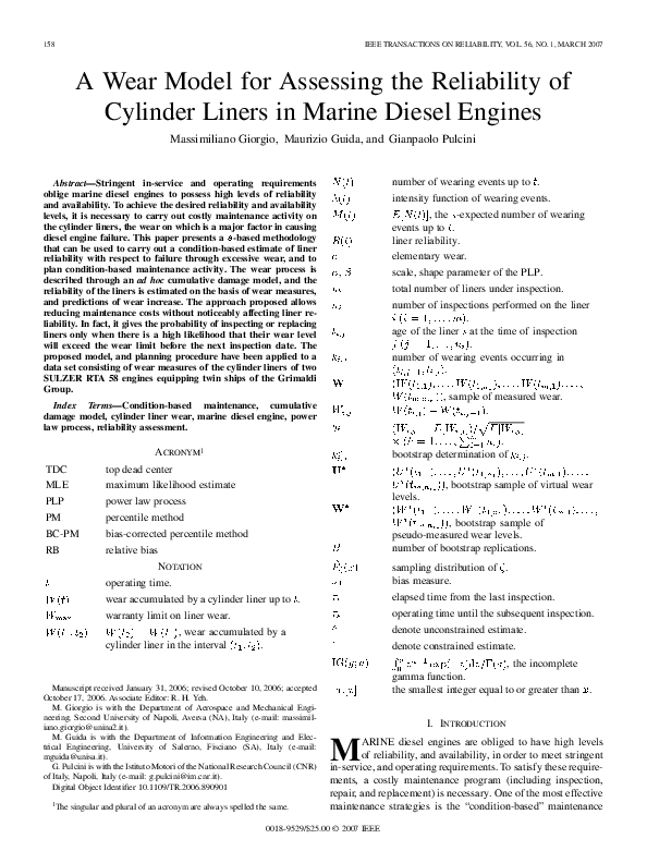 (PDF) A wear model for assessing the reliability of cylinder liners in