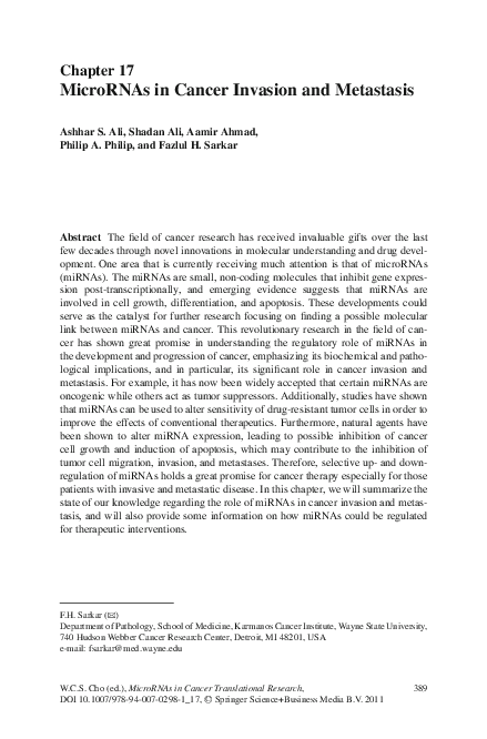 (PDF) MicroRNAs in Cancer Invasion and Metastasis | William Cho ...
