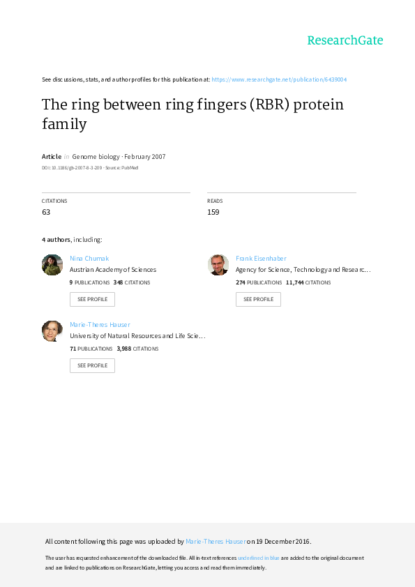 (PDF) The ring between ring fingers (RBR) protein family