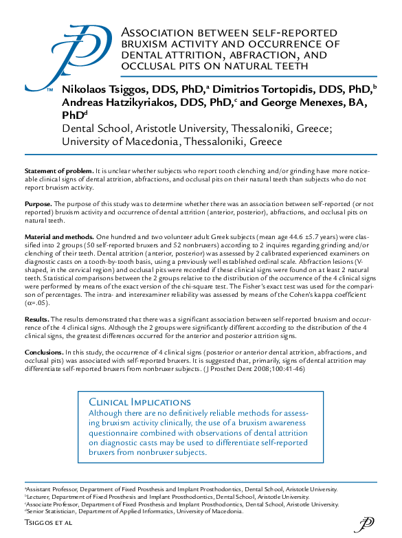 Association between self-reported bruxism activity and occurrence of ...