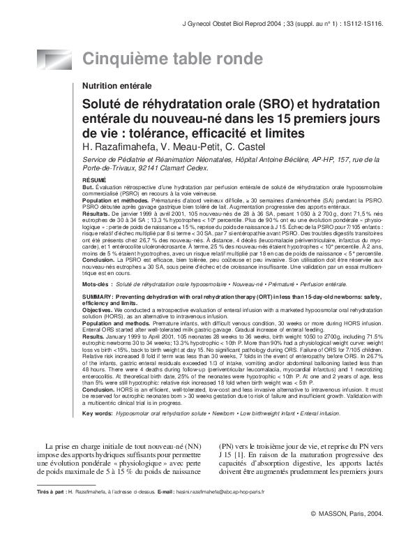Pdf Solute De Rehydratation Orale Sro Et Hydratation Enterale Du Nouveau Ne Dans Les 15 Premiers Jours De Vie Tolerance Efficacite Et Limites V Meau Petit Academia Edu