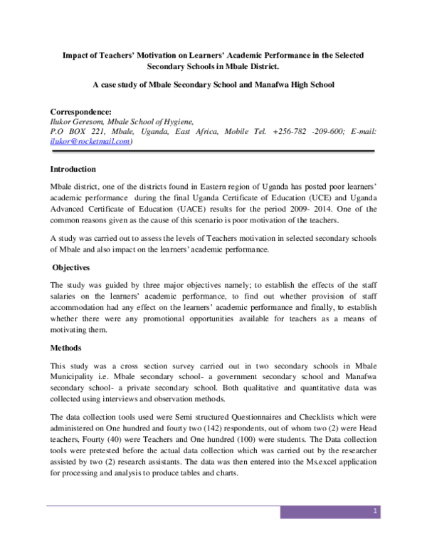 (PDF) Impact of Teachers' Motivation on Learners' Academic Performance ...