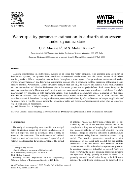 (PDF) Water quality parameter estimation in a distribution system under ...