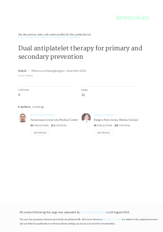 (PDF) Dual antiplatelet therapy for primary and secondary prevention