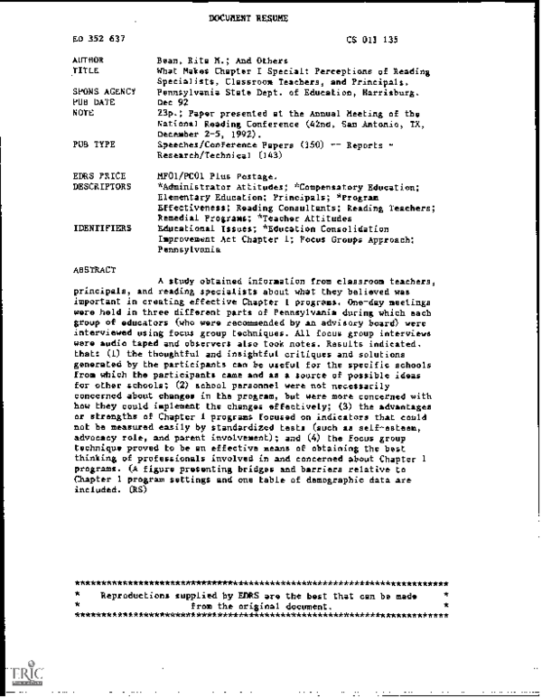 (PDF) What Makes Chapter I Special Perceptions of Reading Specialists, Classroom Teachers, and