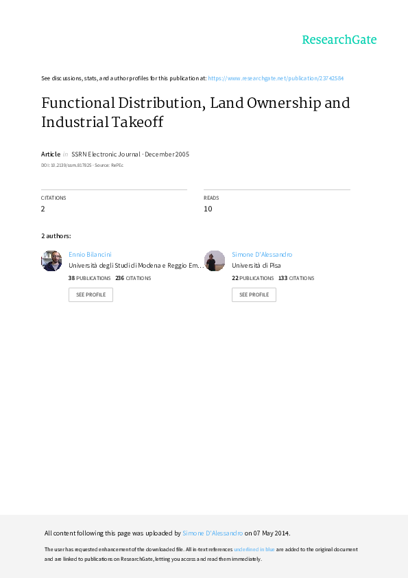 (PDF) Functional Distribution, Land Ownership and Industrial Takeoff Ennio Bilancini