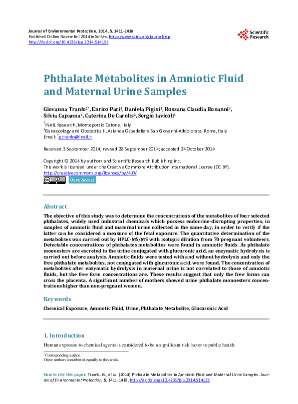 (PDF) Phthalate Metabolites in Amniotic Fluid and Maternal Urine Samples